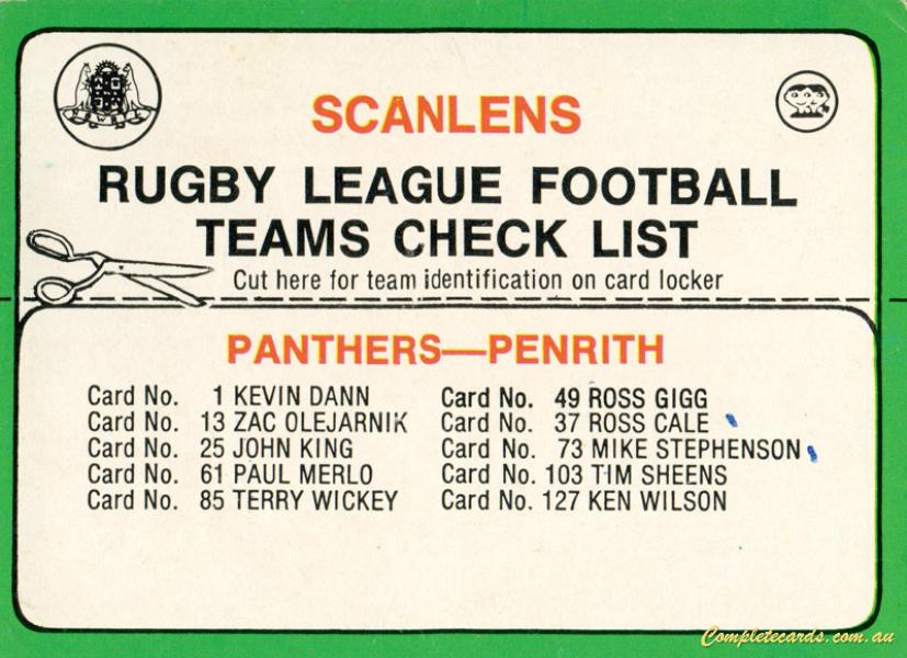 1978 Scanlens Checklists