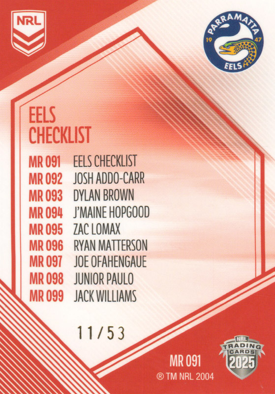 Eels Checklist back