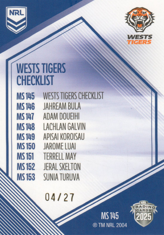 Wests Tigers Checklist back