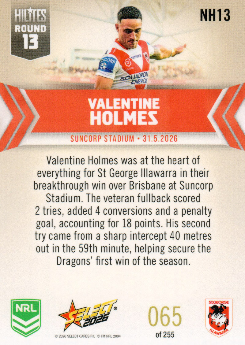 Valentine Holmes back